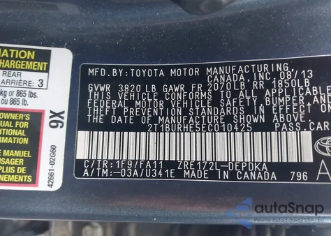 2014 Toyota Corolla L из США, поврежденный, VIN 2T1BURHE5EC010425